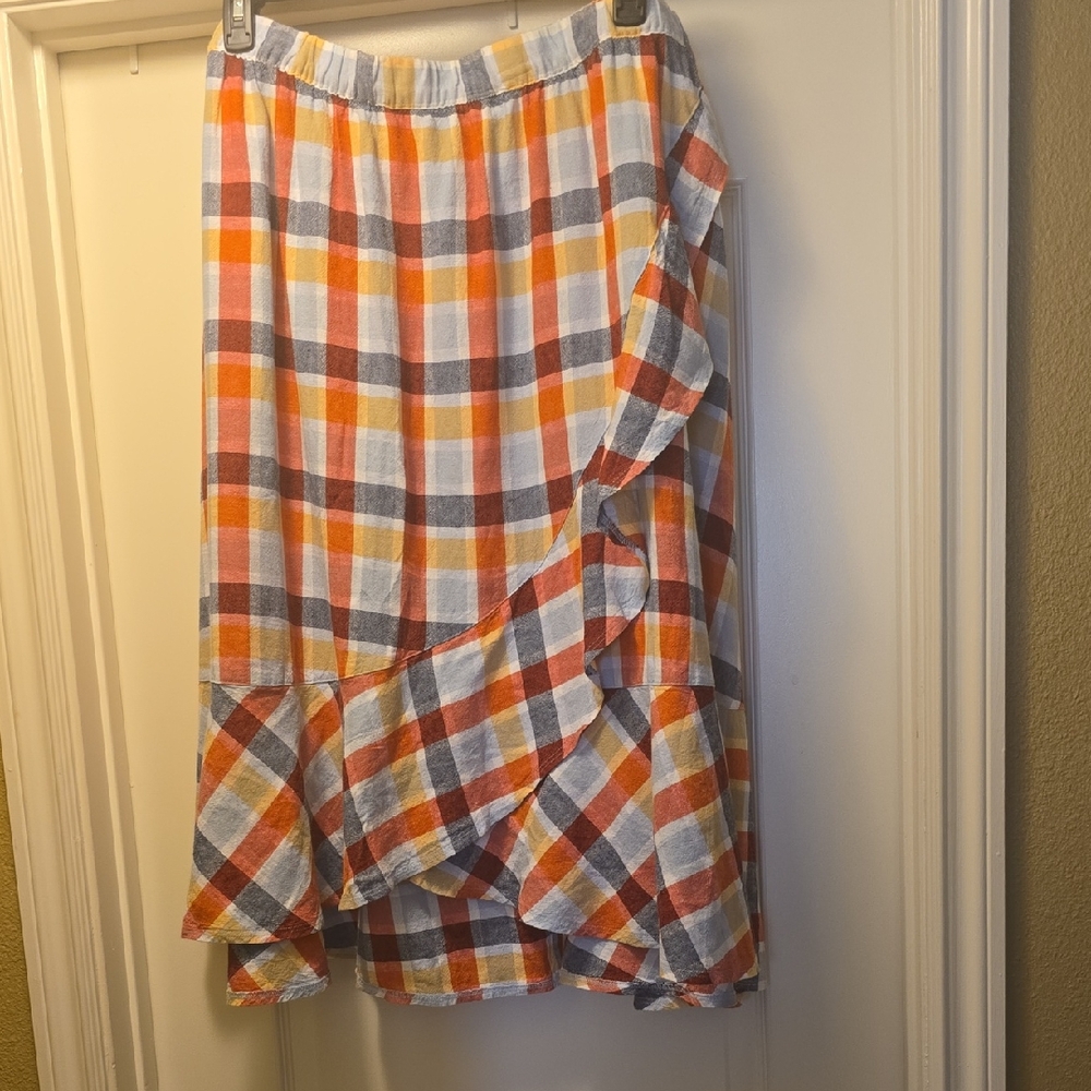 Lane Bryant Orange, Yellow & Gray Plaid Ruffle High-Low Skirt